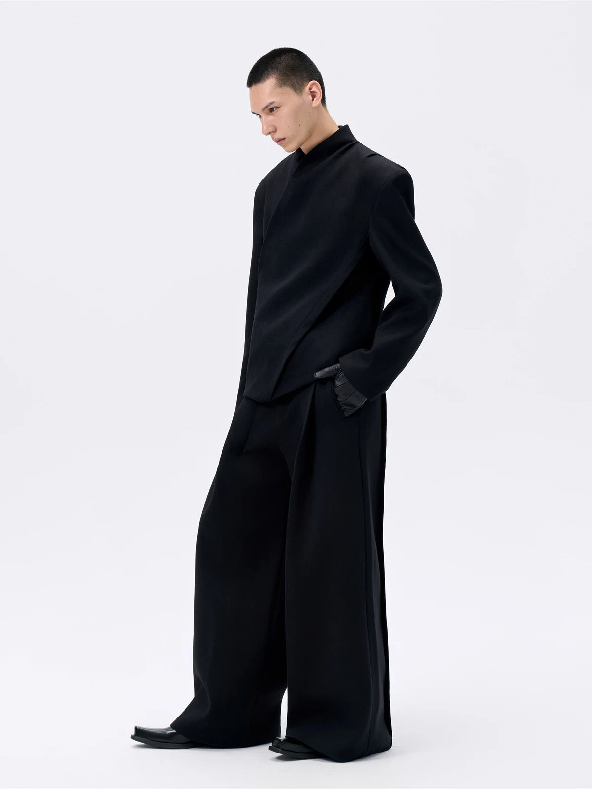 Cropped Deconstructed Waist-cinched Stand Collar Jacket