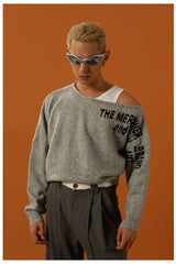 Unisex Black Red Grey Off-shoulder Sweater