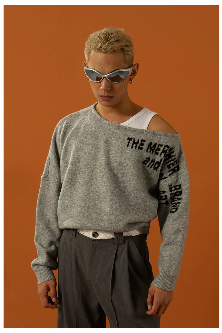 Unisex Black Red Grey Off-shoulder Sweater