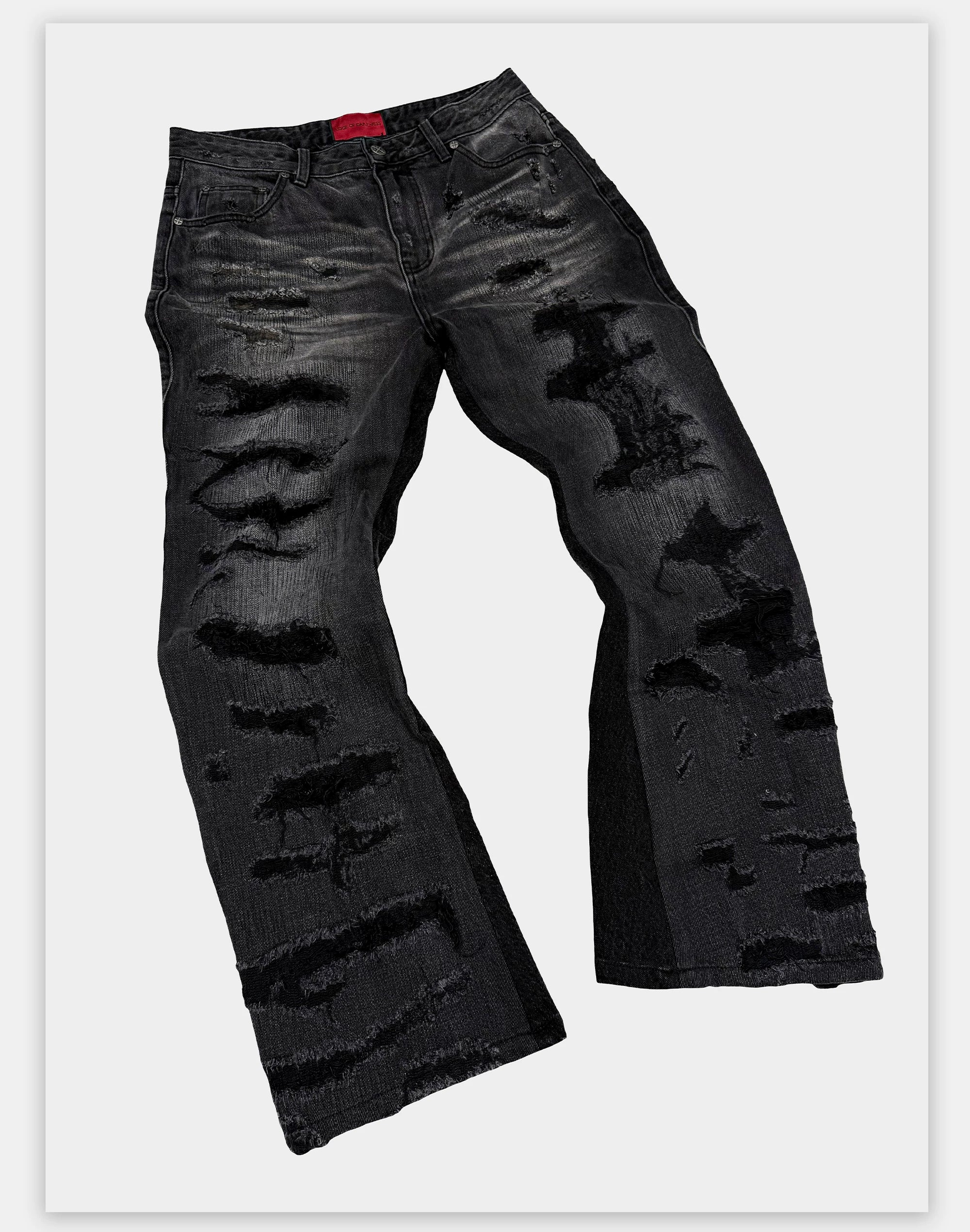 Flared Washed Distressed Patchwork Jeans