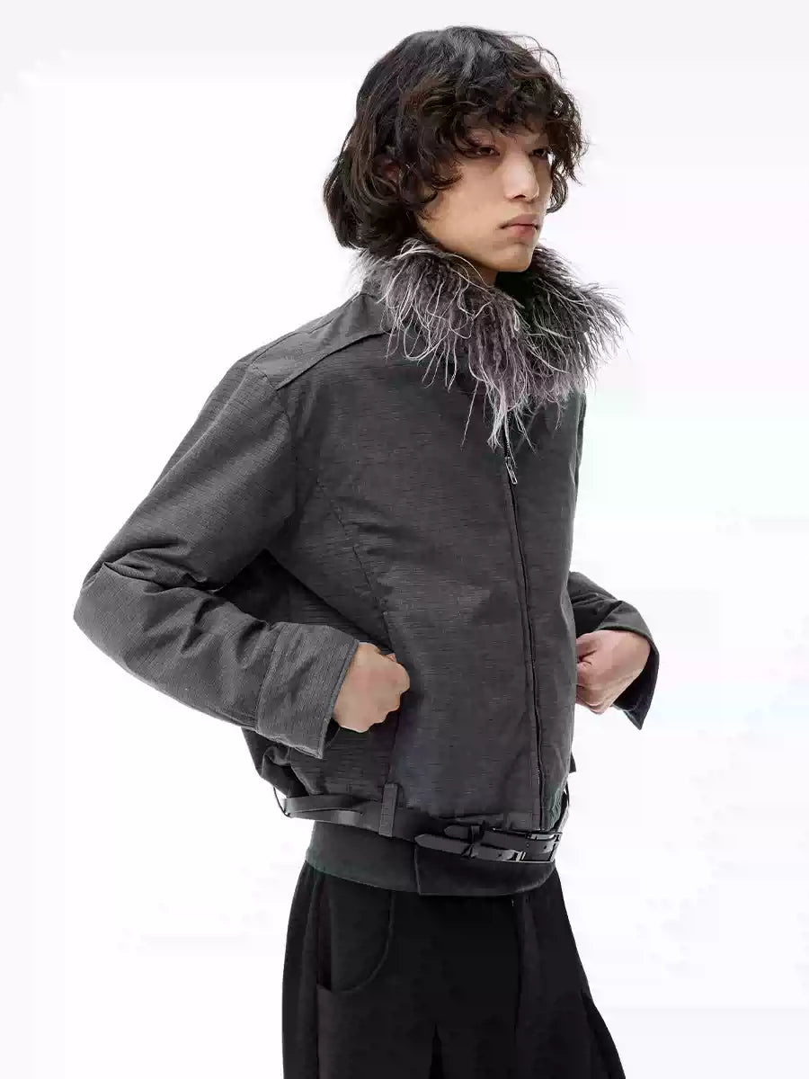 Fitted Two-tone Grid Fur Collar Jacket