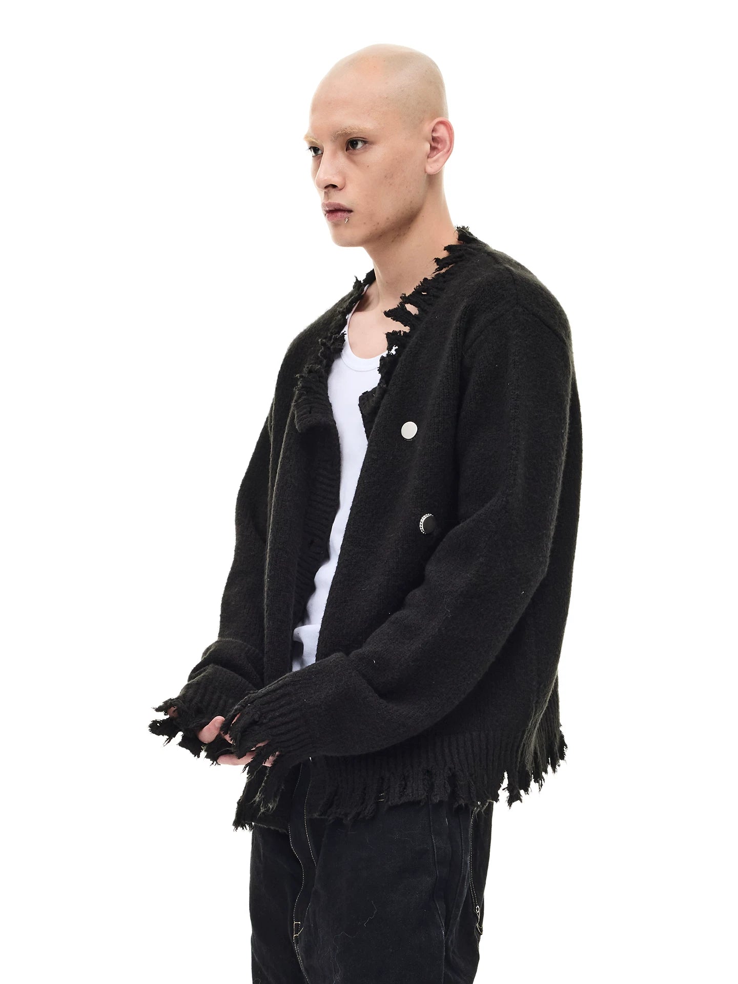 Washed Fringed Distressed Badge Knit Cardigan