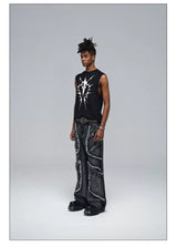 Stretchy Black Printed Ribbed Tank Top