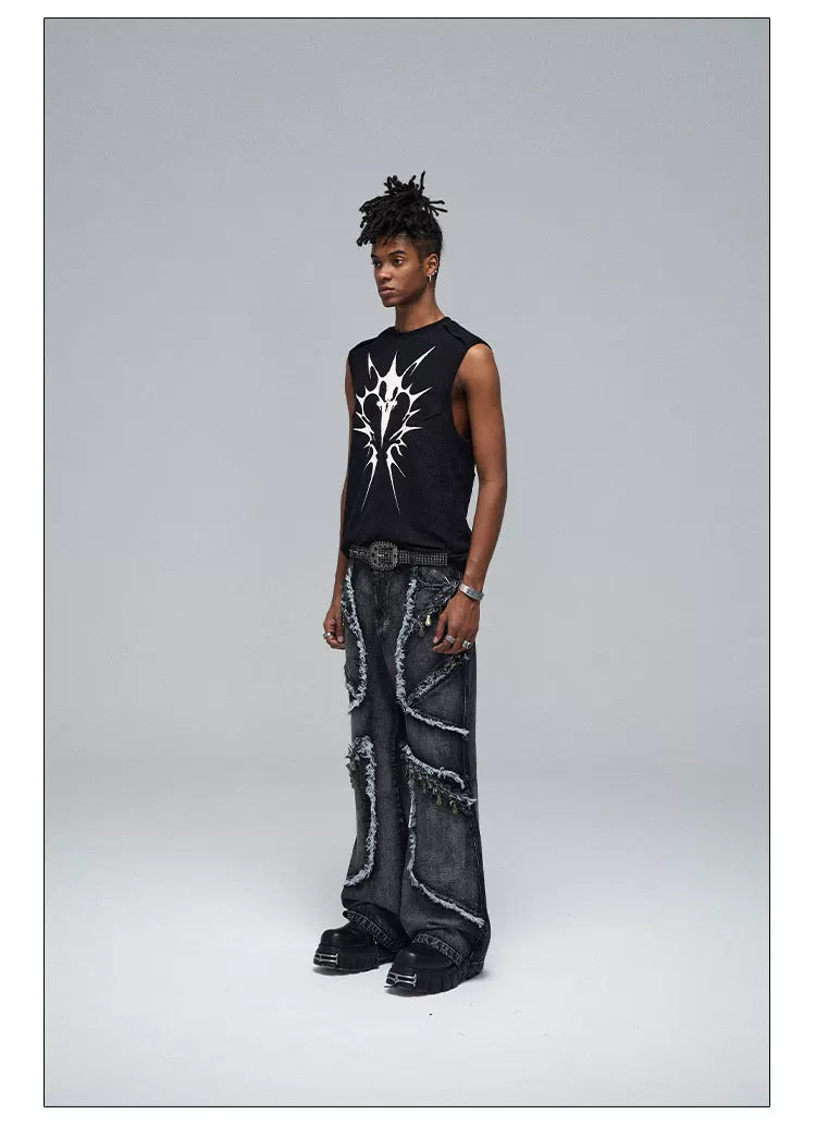 Stretchy Black Printed Ribbed Tank Top