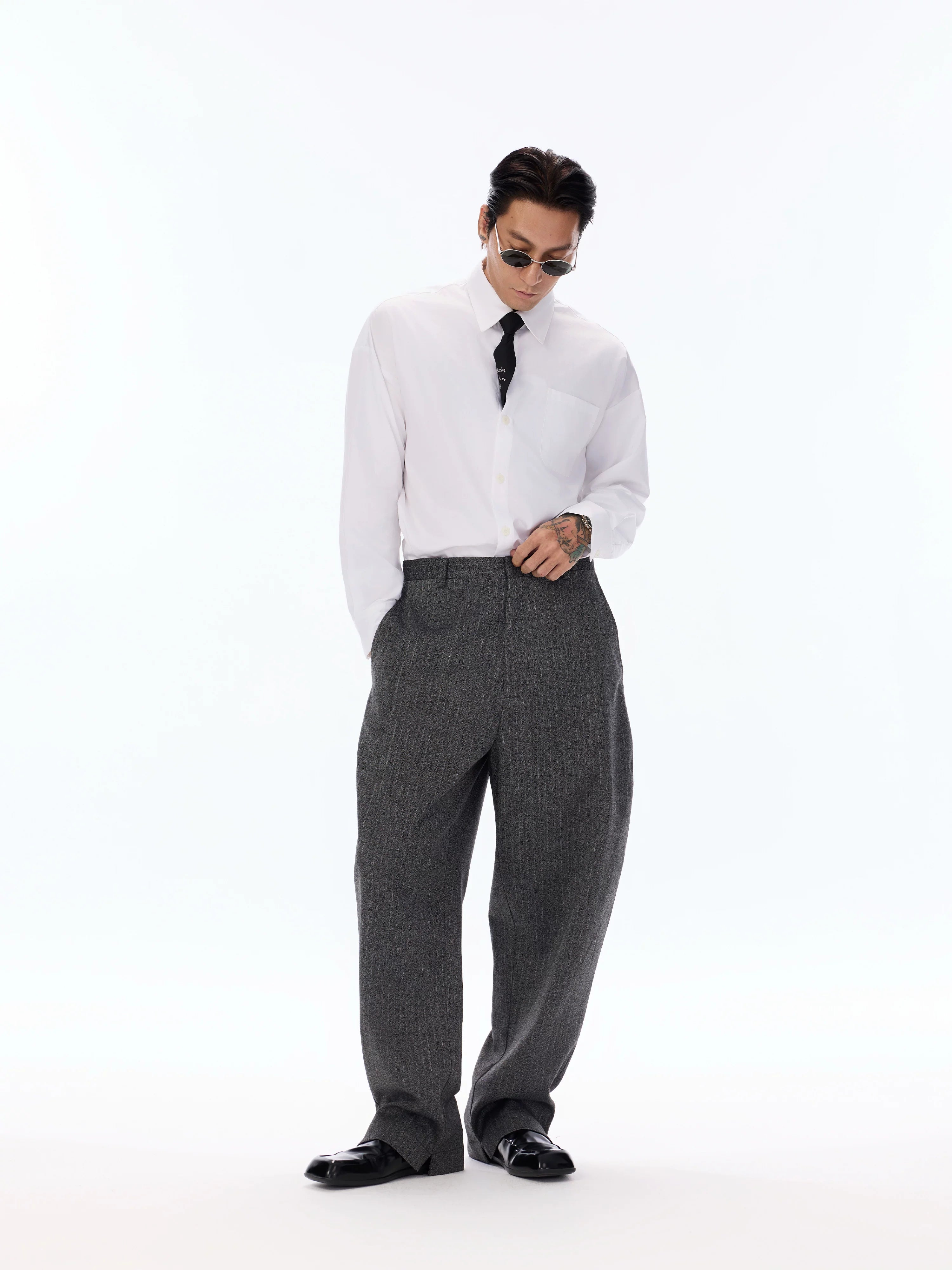 Grey Pinstripe Wool Blend Trousers