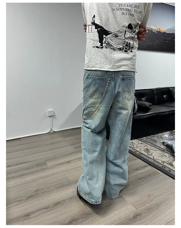 Tri-color Washed Straight Loose Jeans
