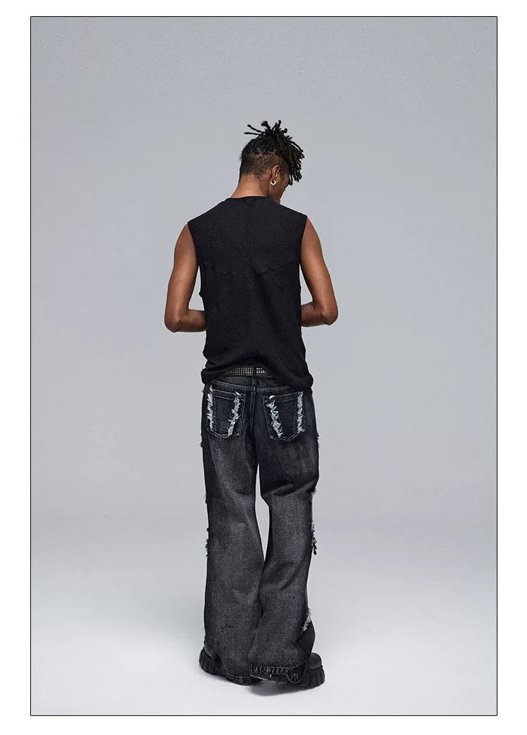 Fringed Ripped Washed Straight Jeans