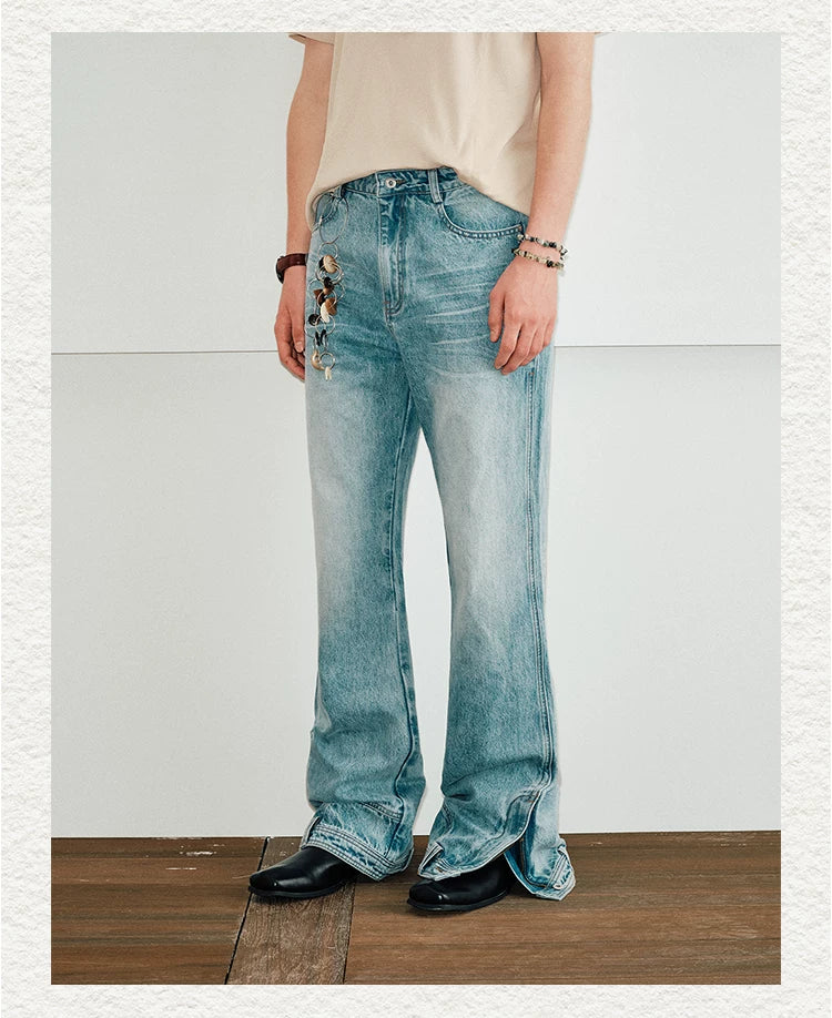 Men's Distressed Two-Way Zip Flared Jeans