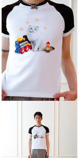 Vintage Cat Print Raglan Tee