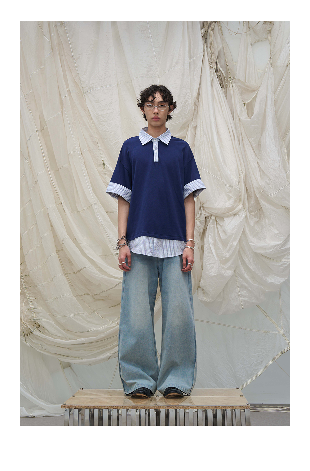 Washed Semi-Zip Relaxed Straight Leather-Patch Jeans