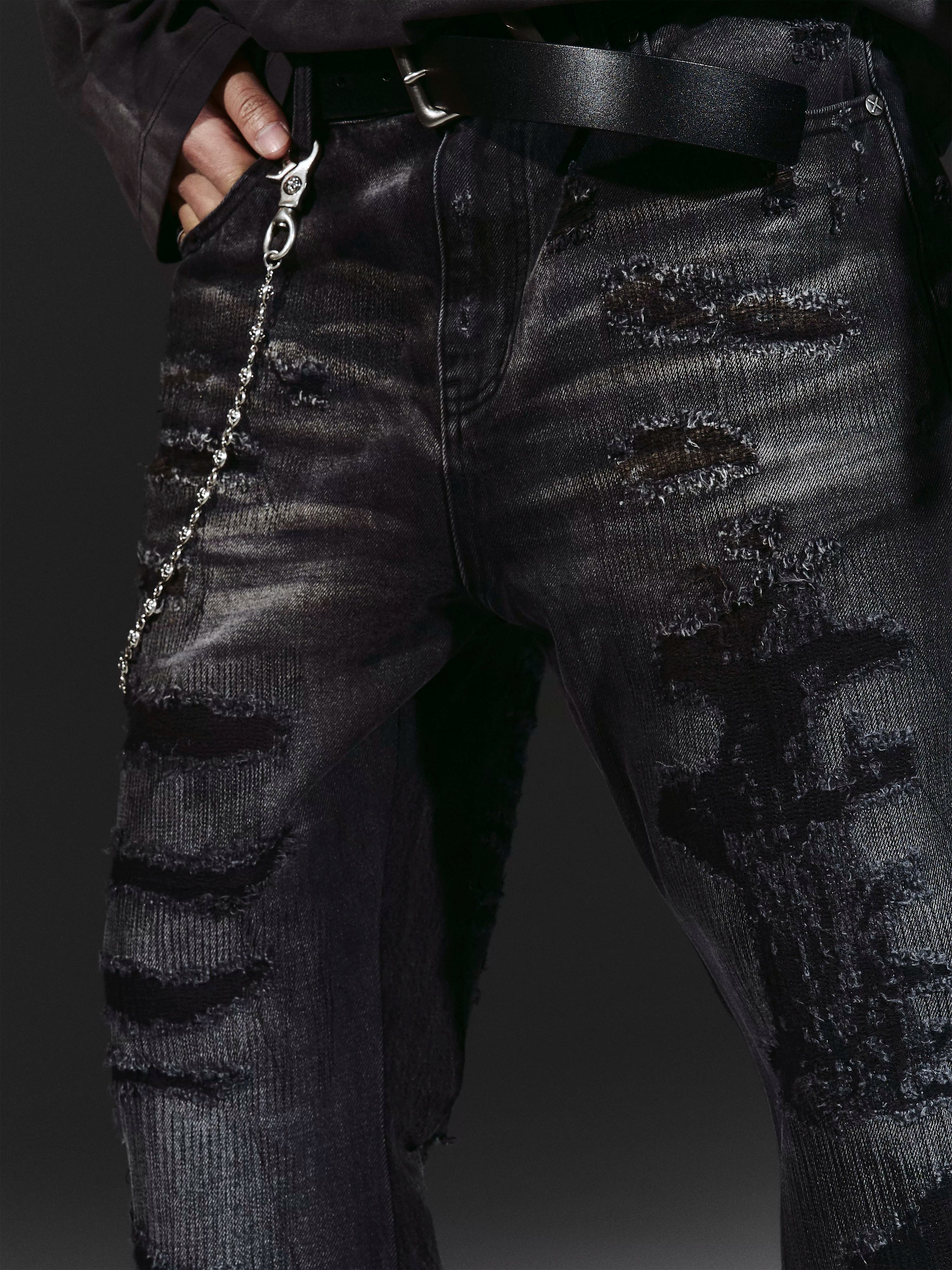 Flared Washed Distressed Patchwork Jeans