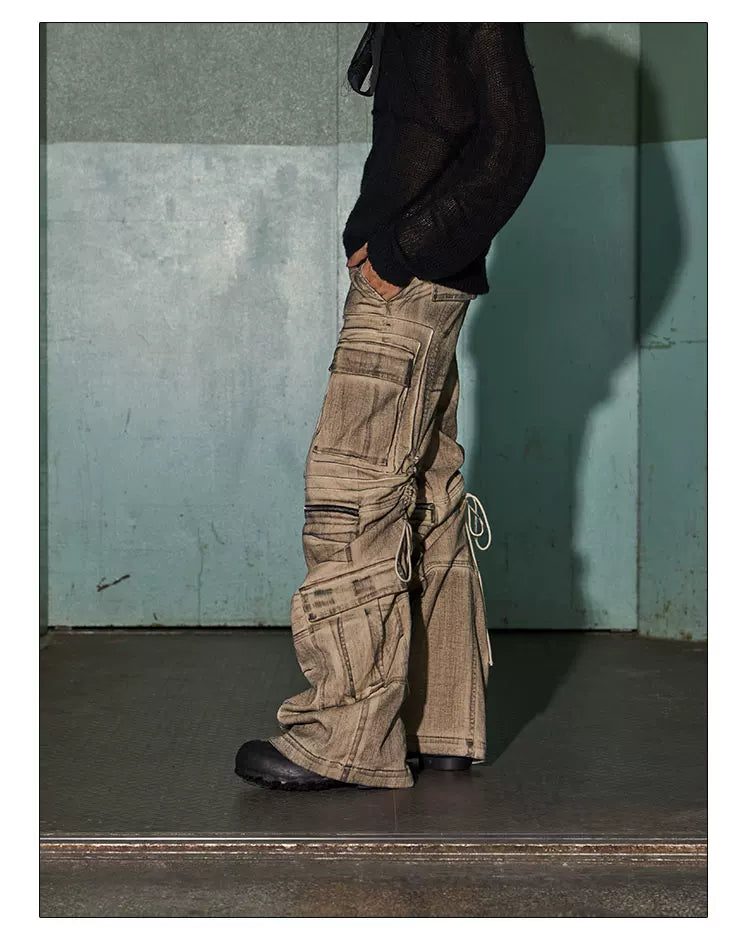 Distressed Drawstring Flare Cargo Pants