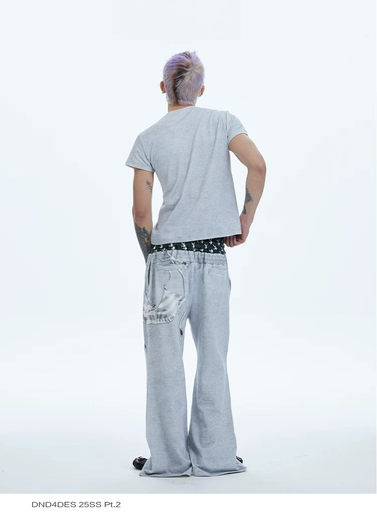 Flared Digital Print Double Waistband Sweatpants