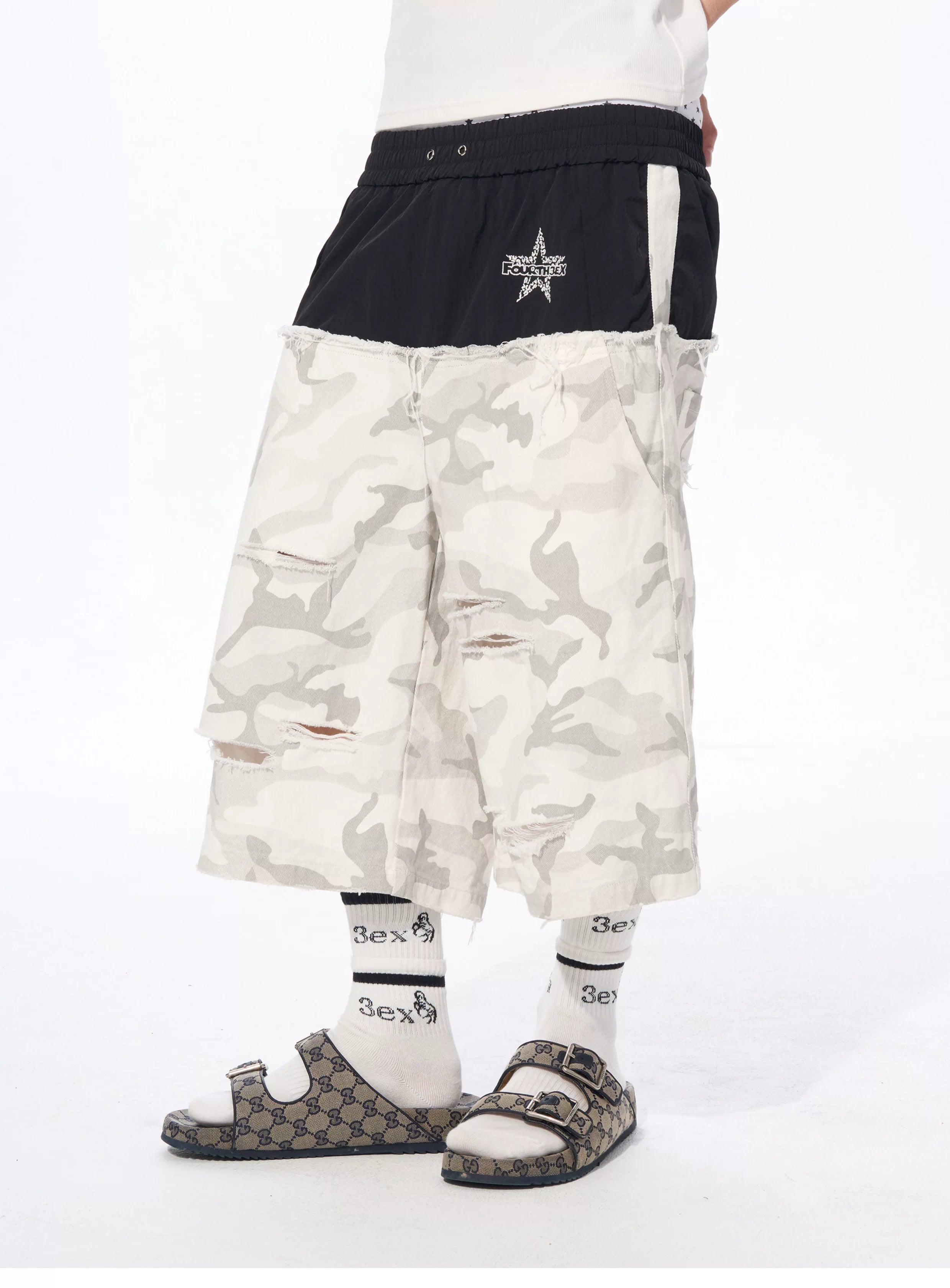 Men's Patchwork Ripped White Camo Pants