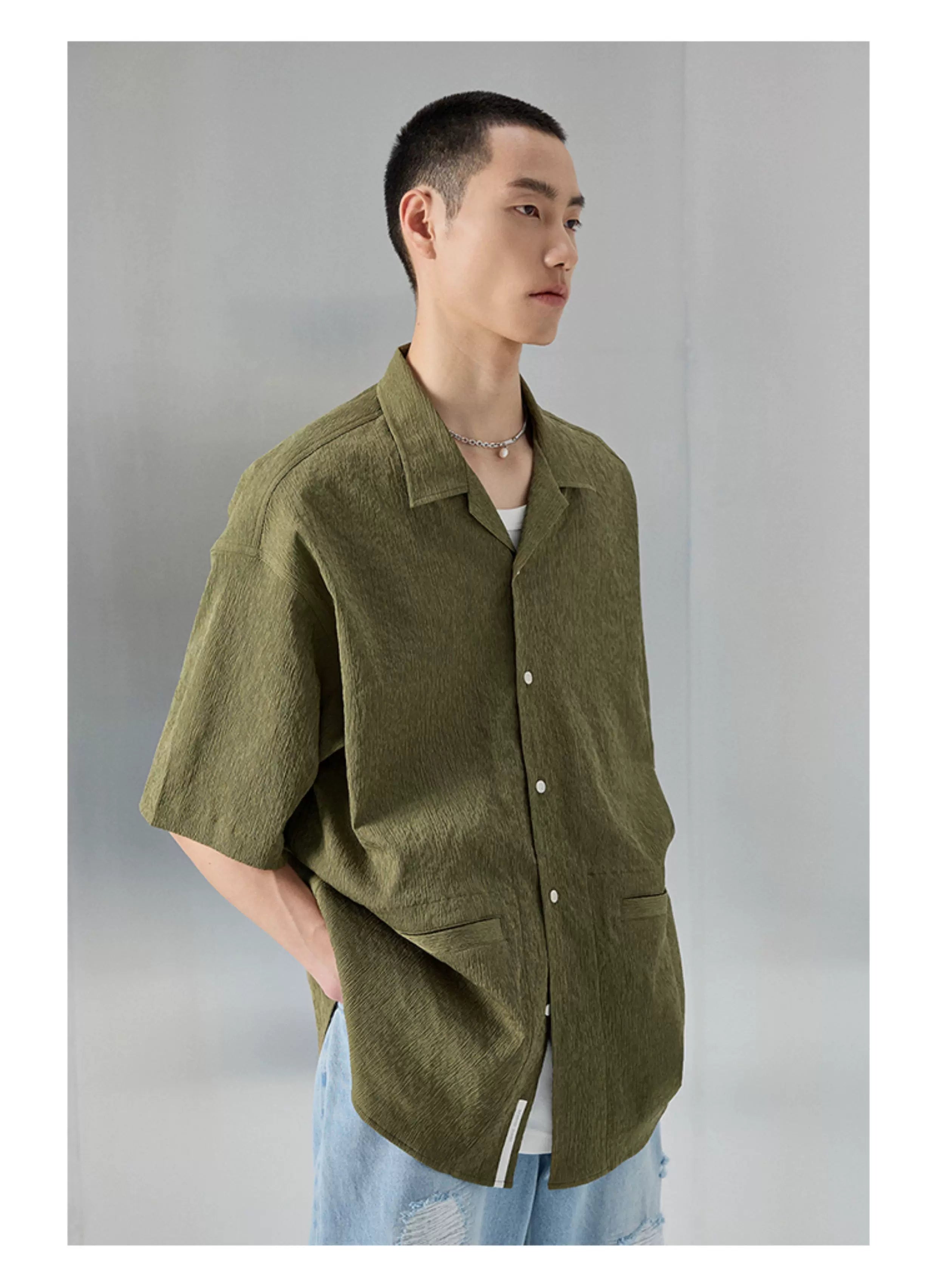 Bark Textured Cuban Collar Casual Shirt
