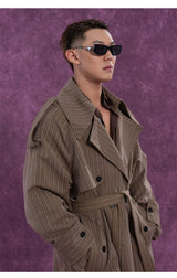 Belted Vintage Taupe Striped Cape Coat