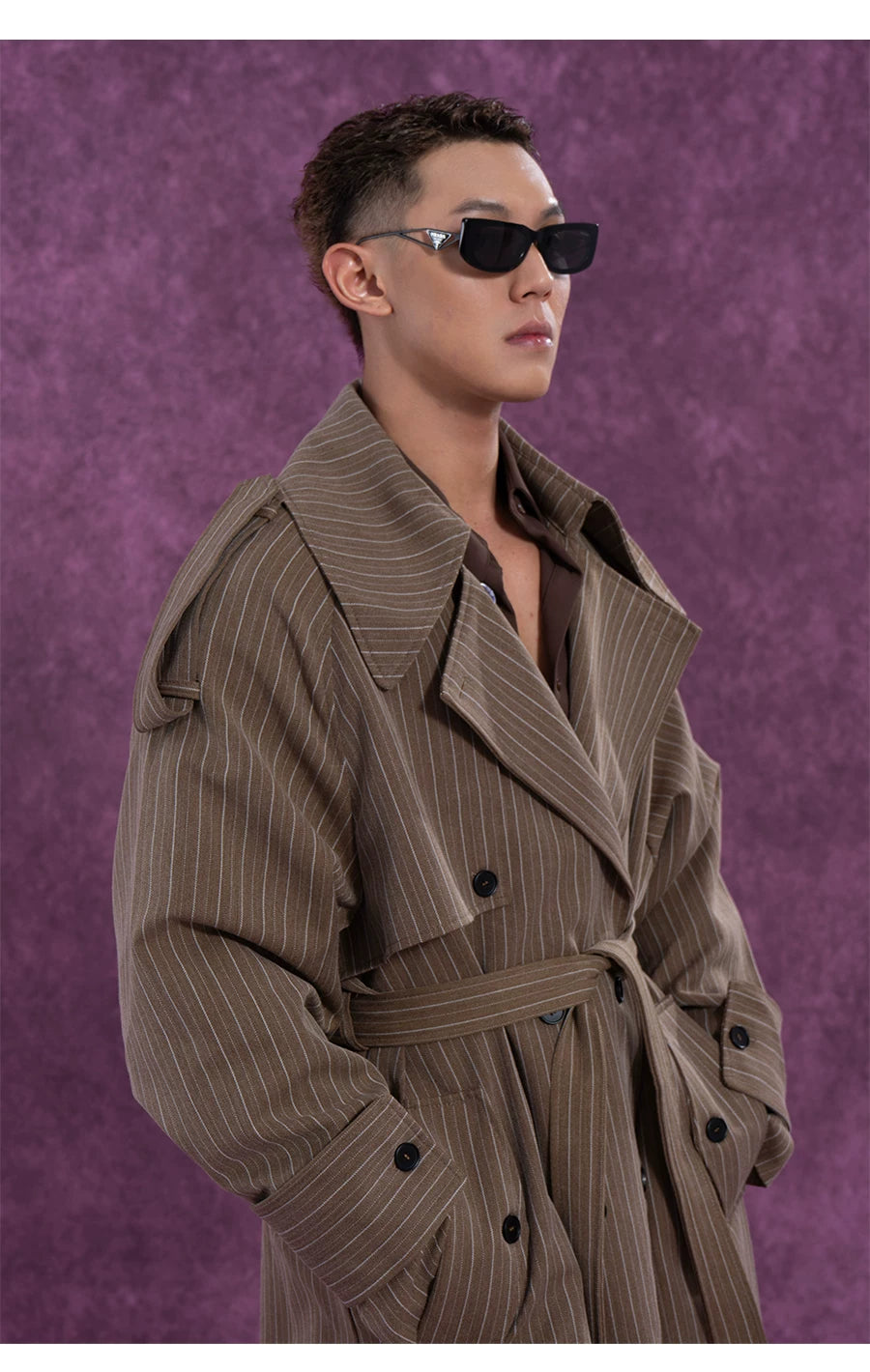 Belted Vintage Taupe Striped Cape Coat