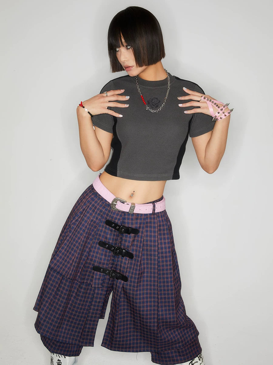 Y2K Plaid Buckle Wide Leg Skort