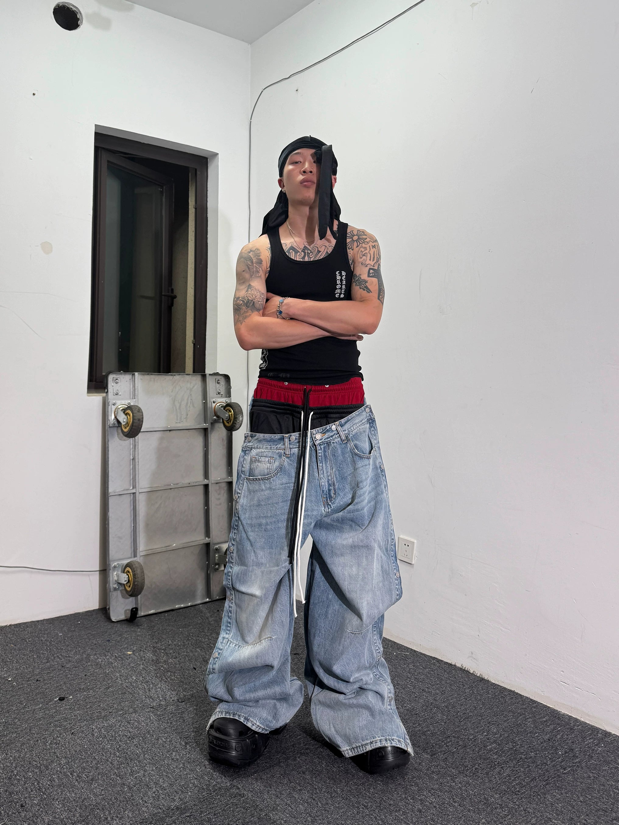 Double Waistband Drawstring Washed Blue Jeans