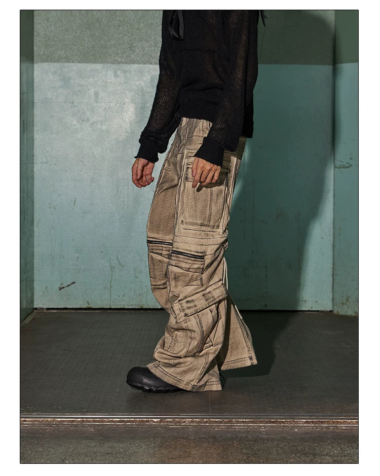 Distressed Drawstring Flare Cargo Pants