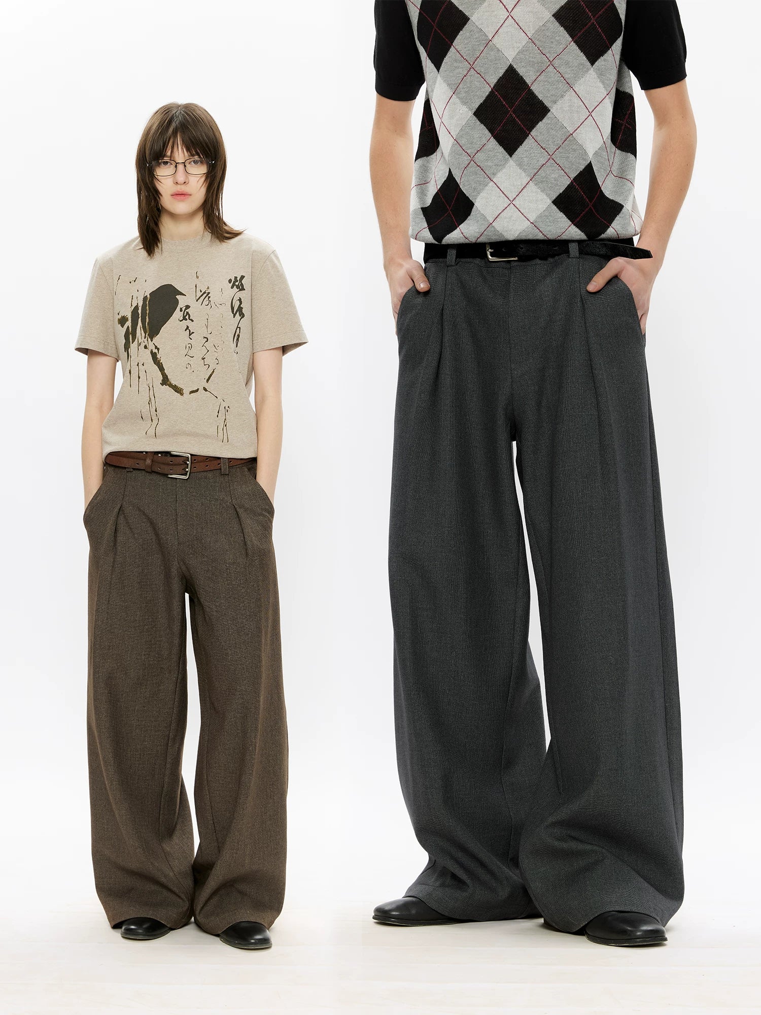 Wide Leg Pleated Wool Houndstooth Pants