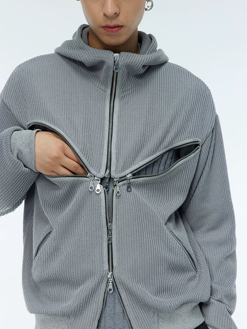 Two-Tone Cross Zip Hooded Turtleneck Cardigan