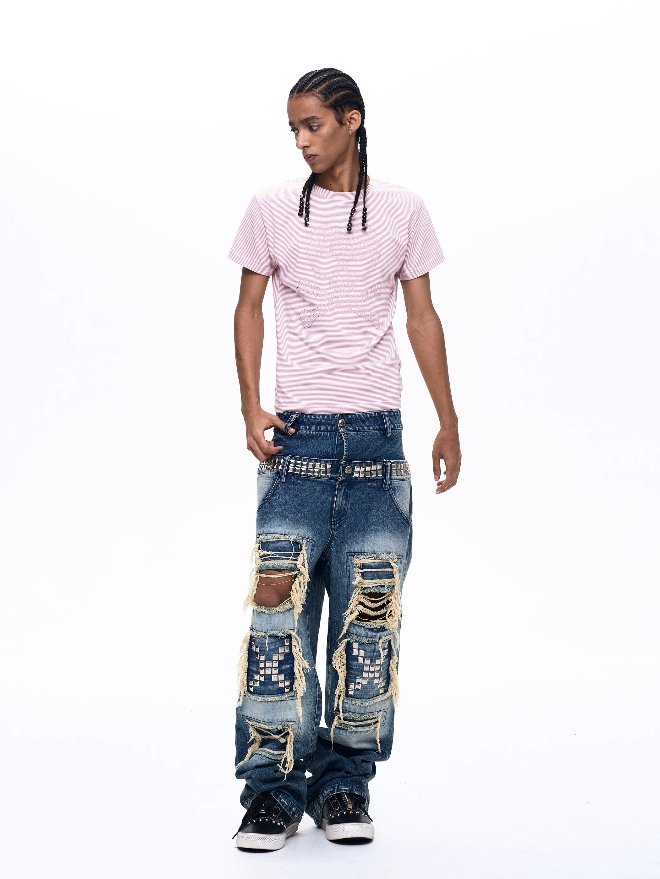 Men's Pink Striped Skull Print Tee