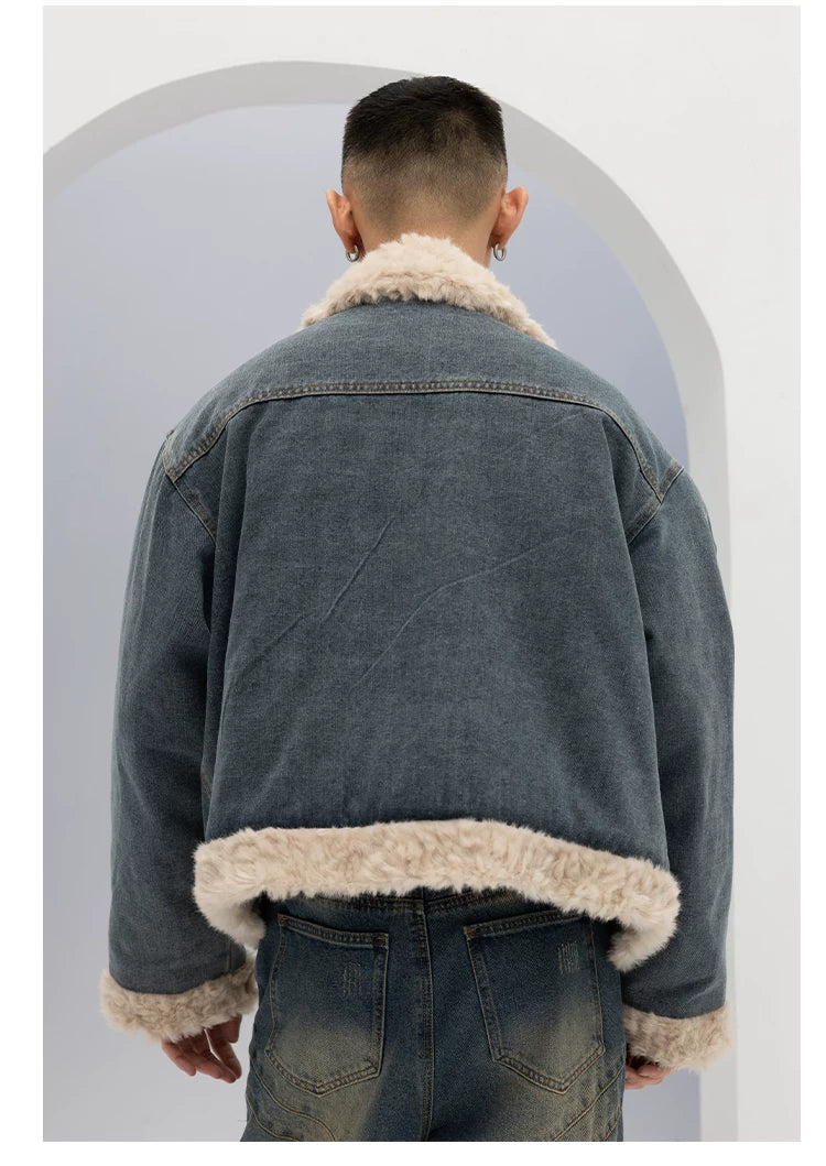 Unisex Vintage Faux Shearling Denim Puffer