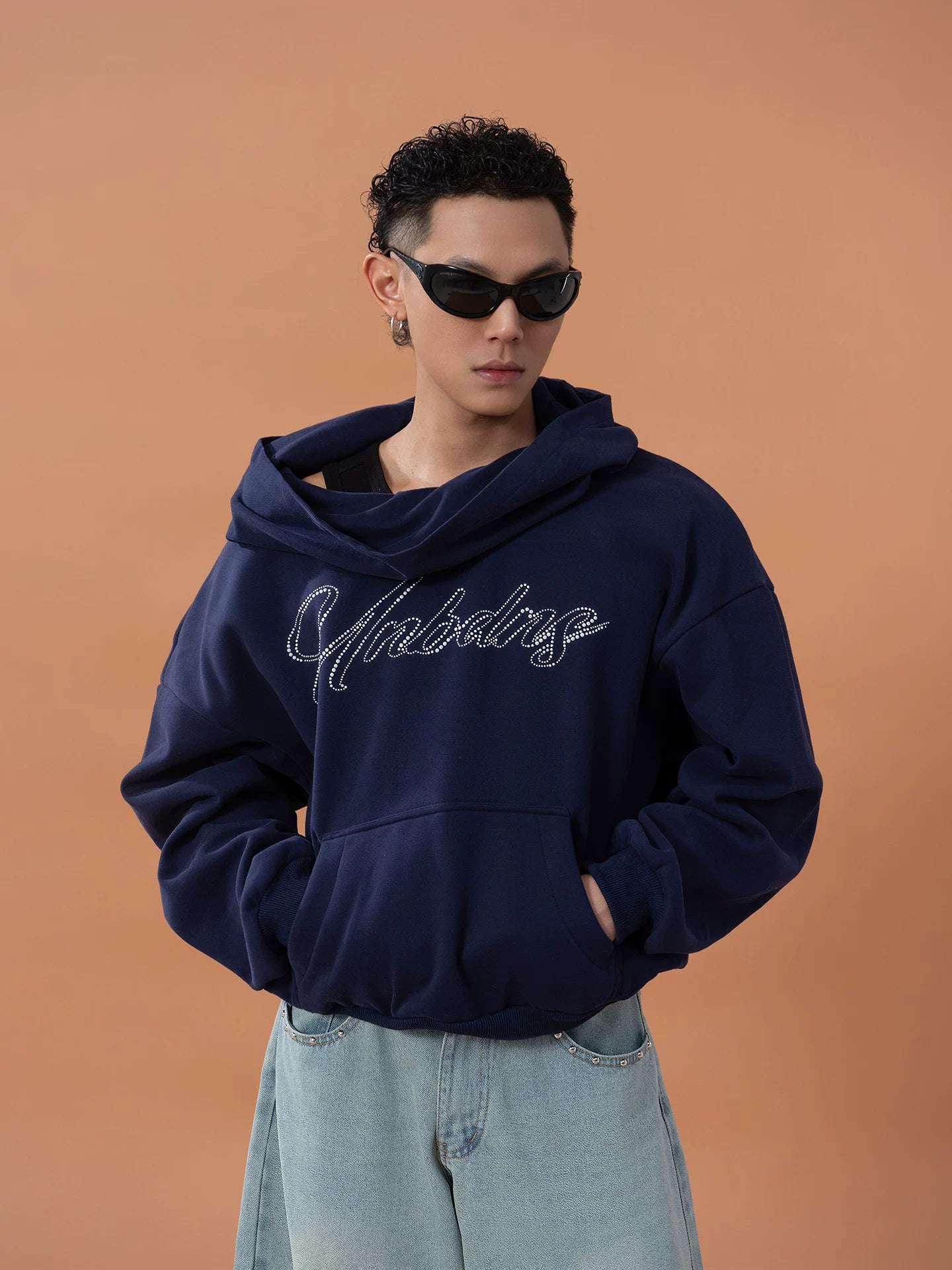 Grey Blue Unisex Letter Print Hoodie