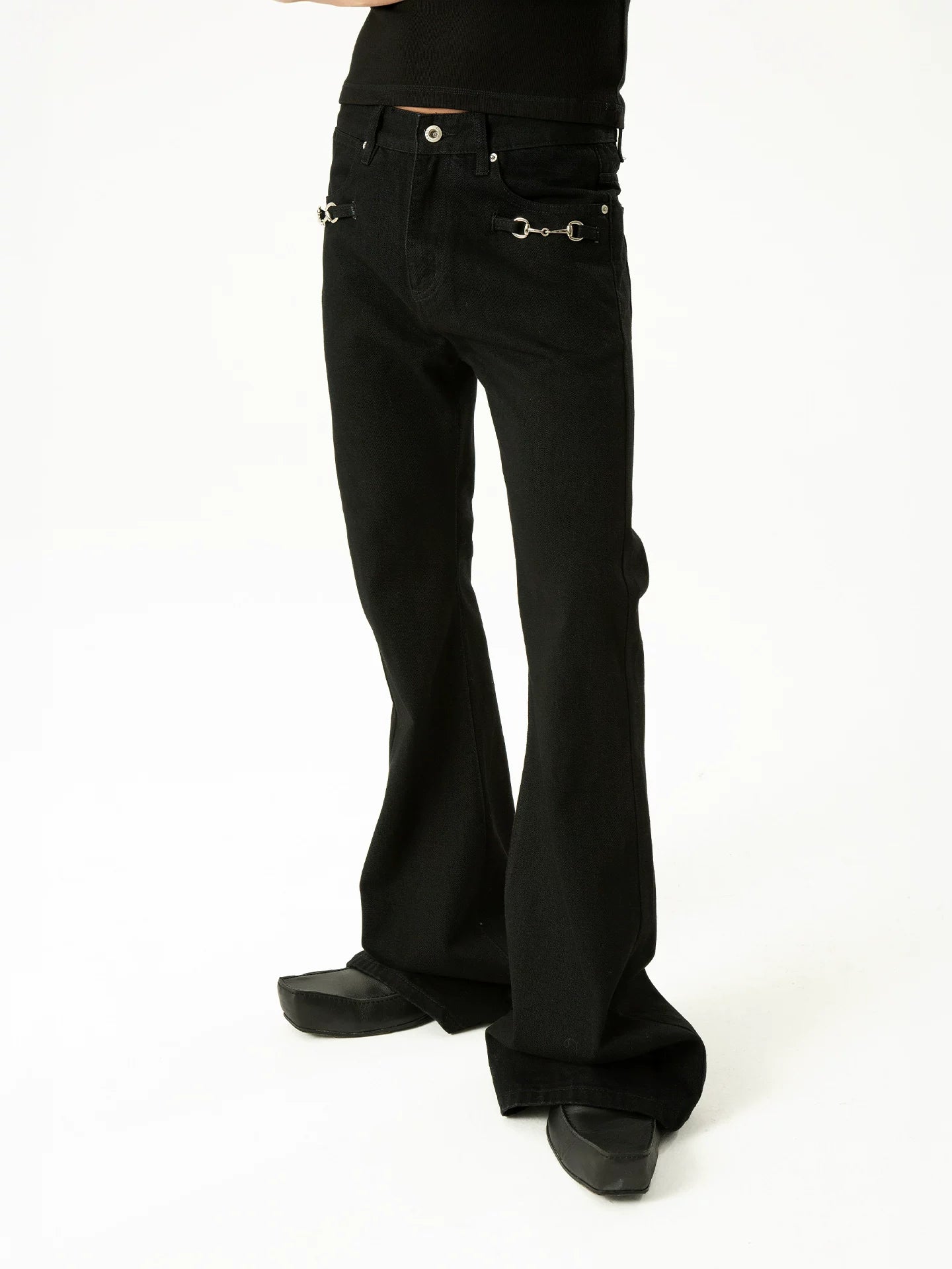 Men's Black Metal Buckle Jeans
