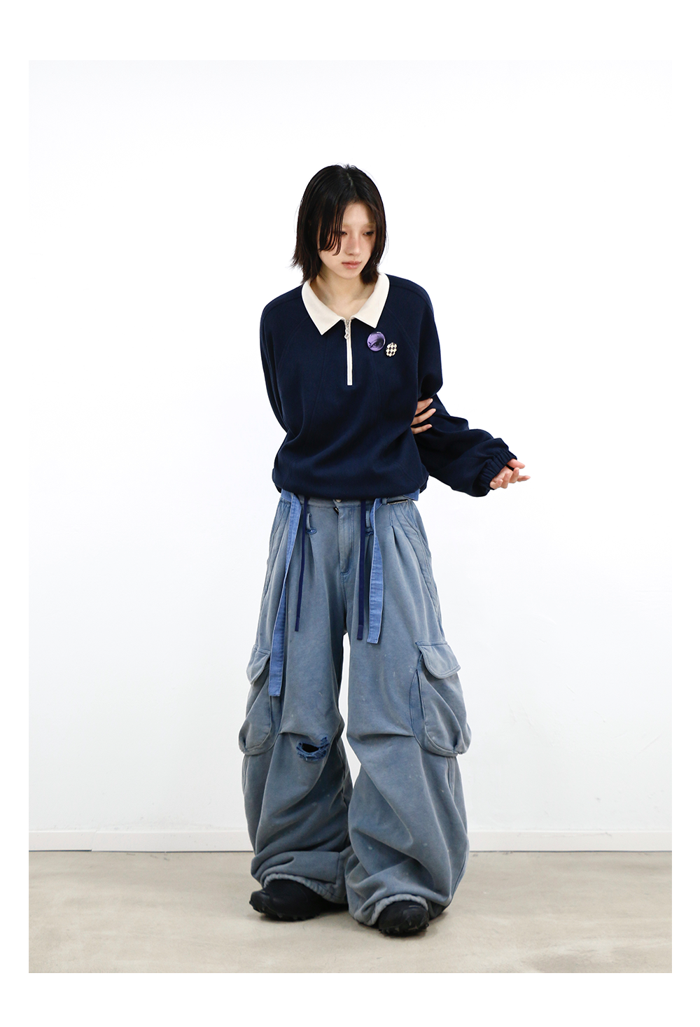 Double Waist Splatter Distressed Cargo Sweatpants