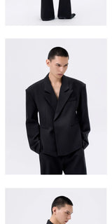 Black Waist-cinched Wide-shoulder Herringbone Blazer