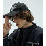 Long Brim Red Embroidered Distressed Cap
