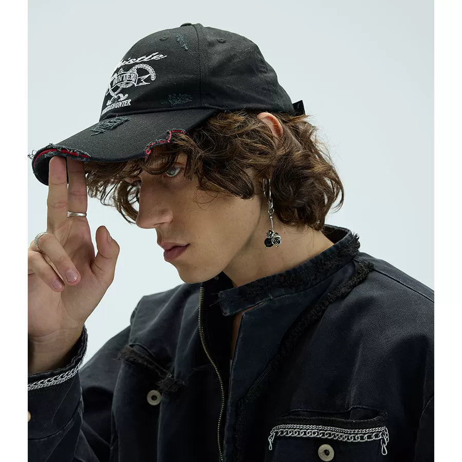 Long Brim Red Embroidered Distressed Cap