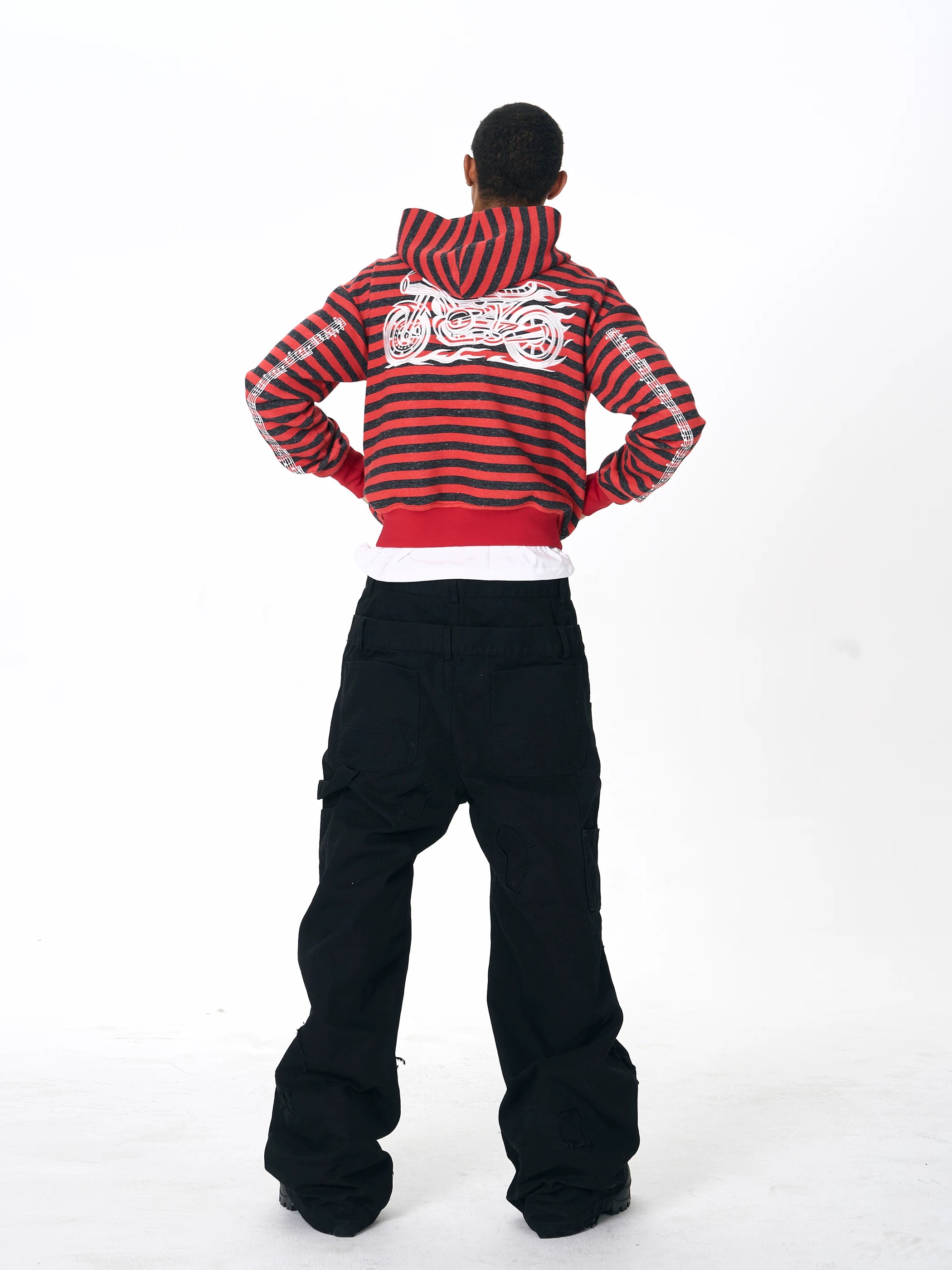 Men's Crop Motor Embroidered Striped Hoodie
