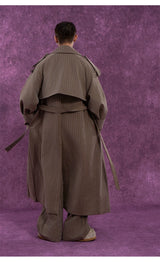 Belted Vintage Taupe Striped Cape Coat