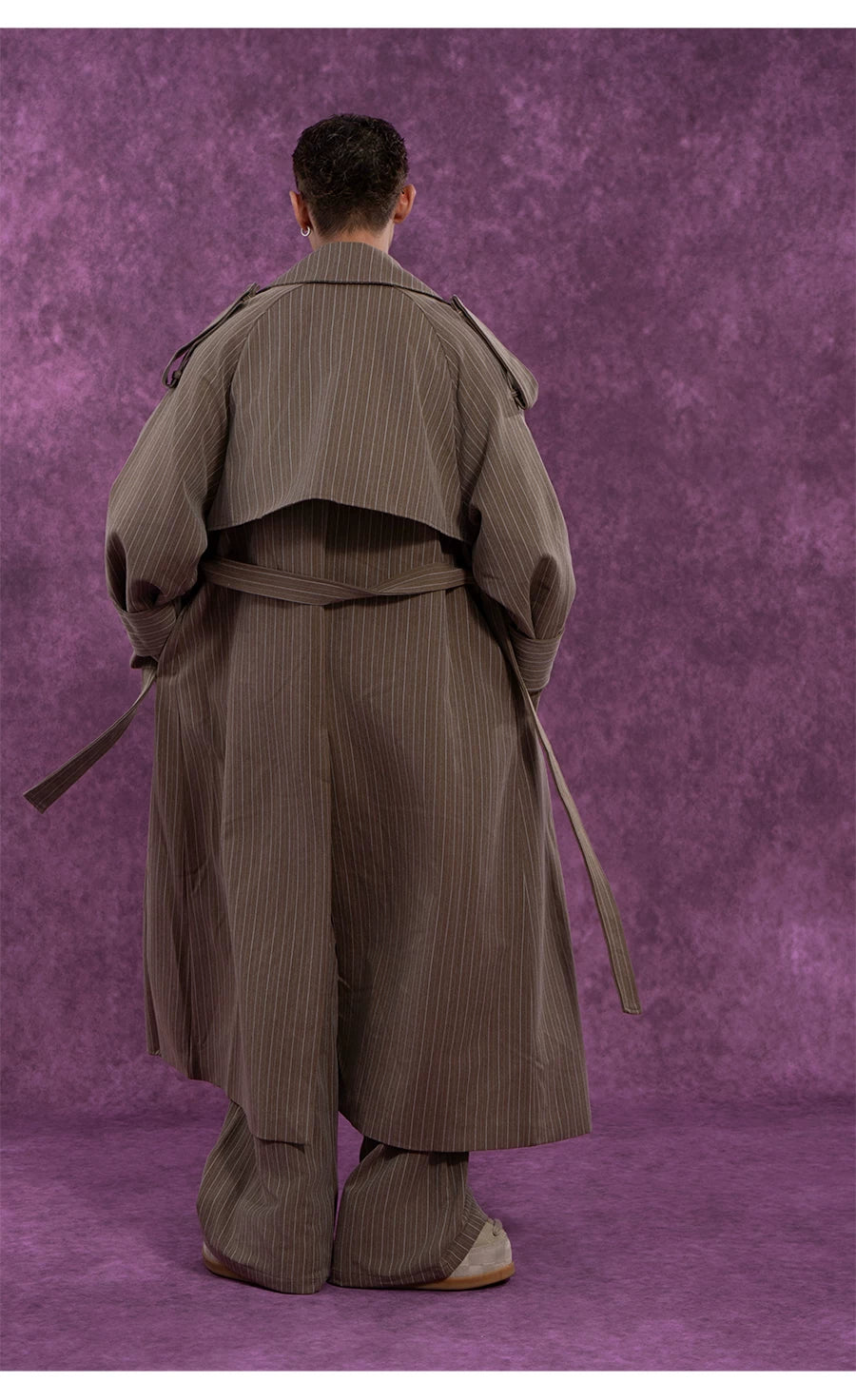 Belted Vintage Taupe Striped Cape Coat