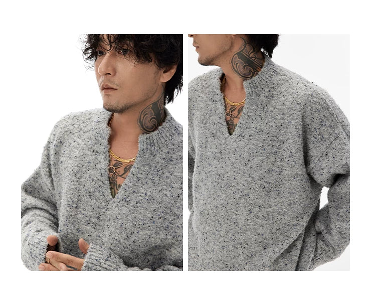 Unisex Grey V-Neck Boucle Sweater