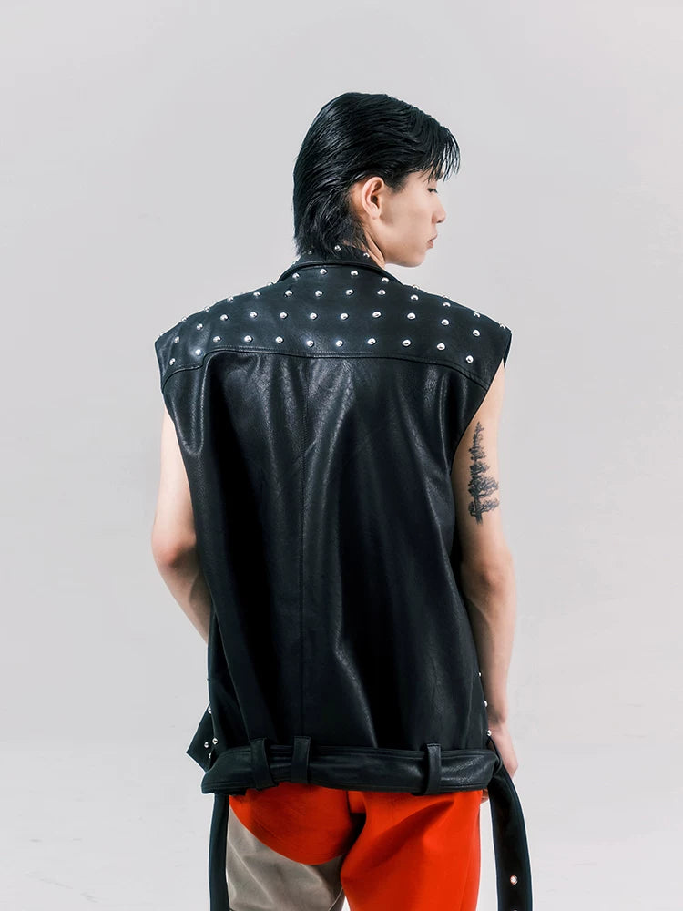 Punk Studded Wide-Shouldered Leather Vest