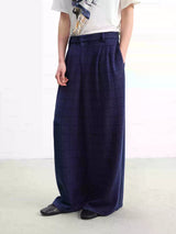 Blue-Black Plaid Pleated Casual Pants