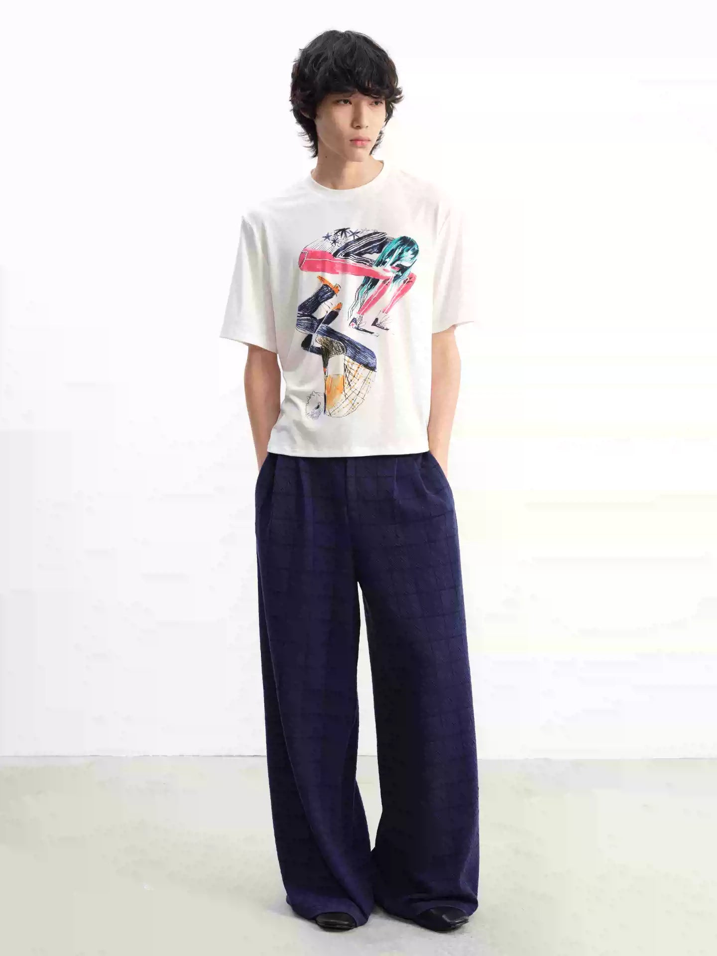 Blue-Black Plaid Pleated Casual Pants
