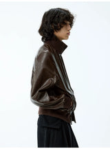 Cropped Double Zipper Waxed Leather Jacket