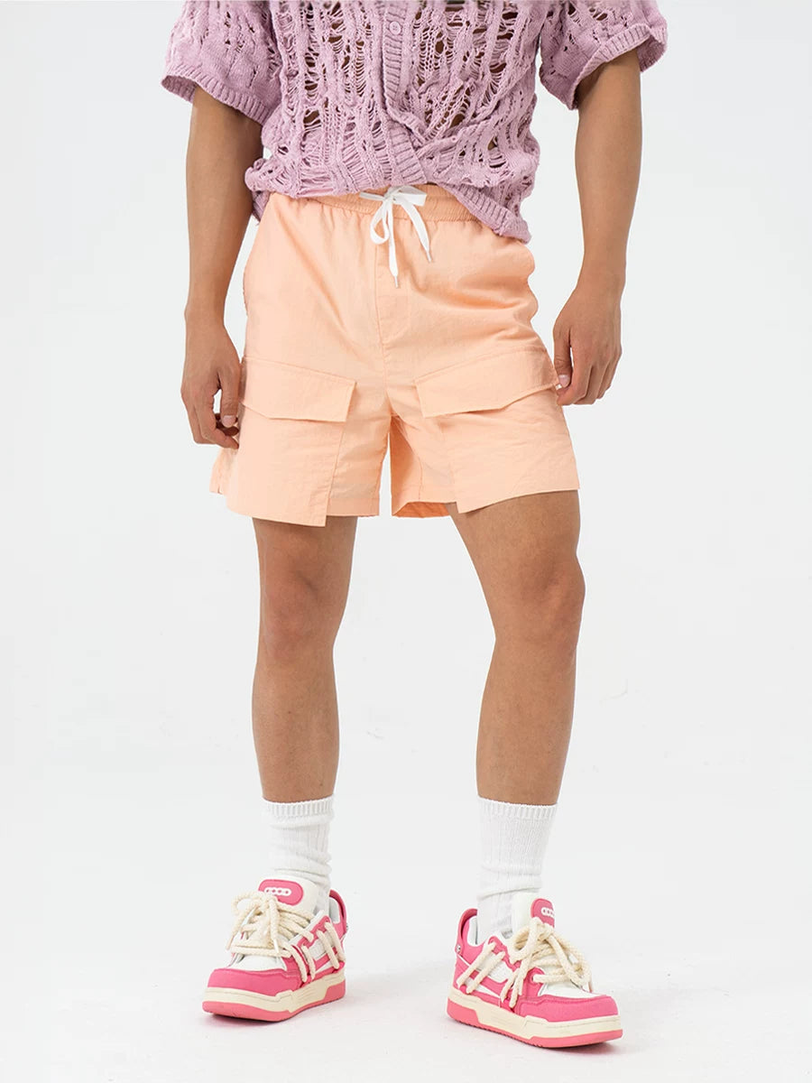 Peach Pink Multi-pocket Drawstring Beach Shorts