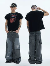 Distressed Striped Patchwork Baggy Work Pants