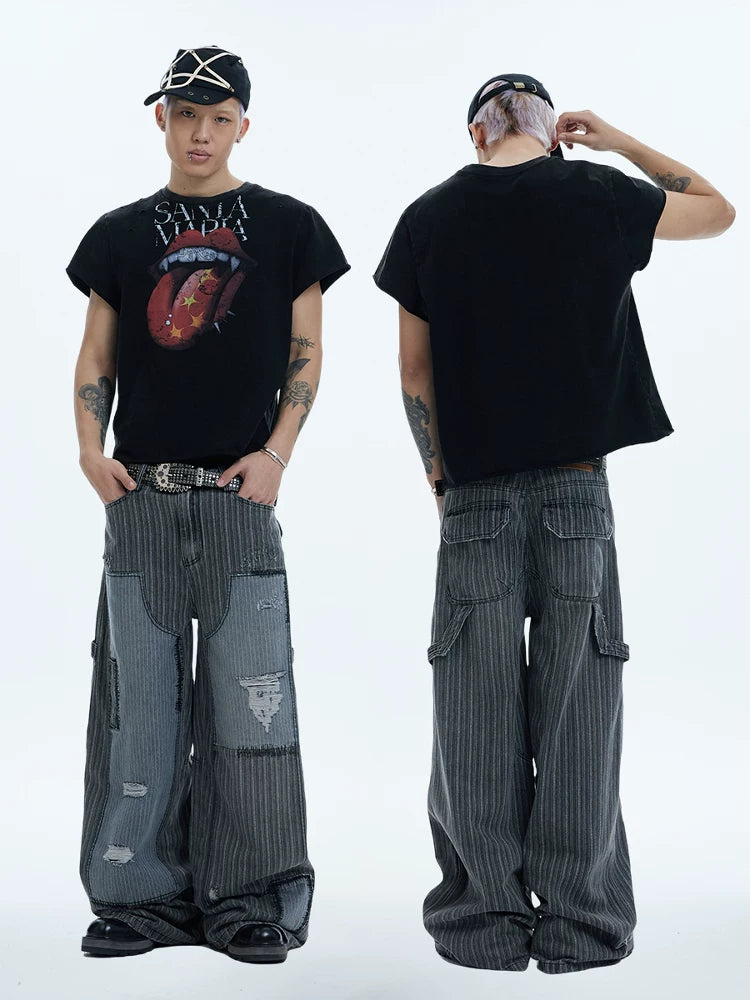 Distressed Striped Patchwork Baggy Work Pants