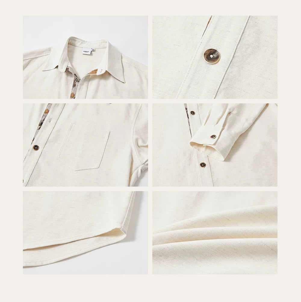 Long-sleeve Floral Color-block Tencel Linen Shirt