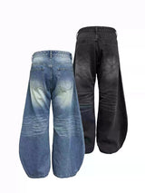 Pleated Distressed Wide Curved Jeans