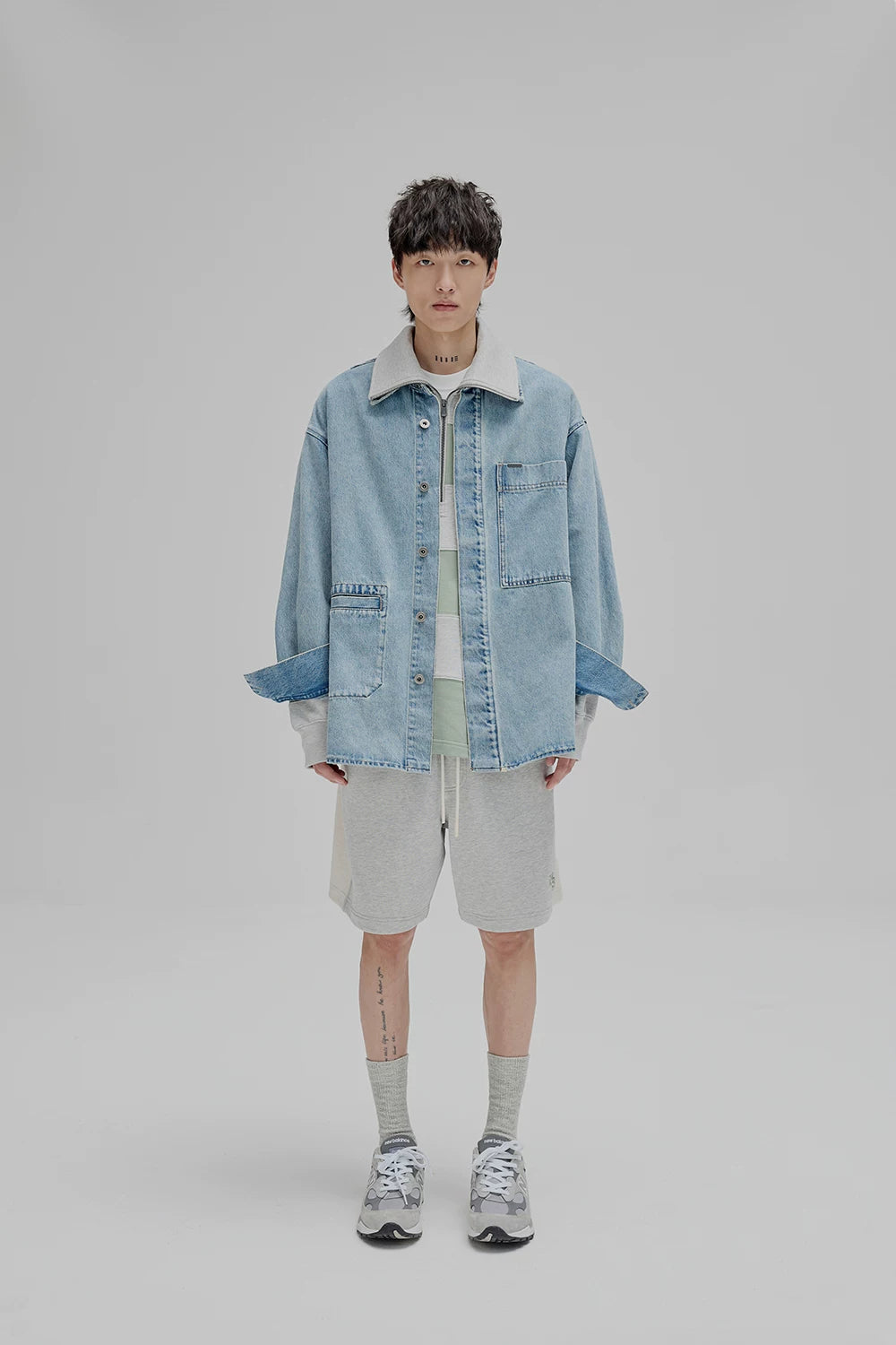 14Oz Washed Denim Asymmetric-Pocket Shirt Jacket