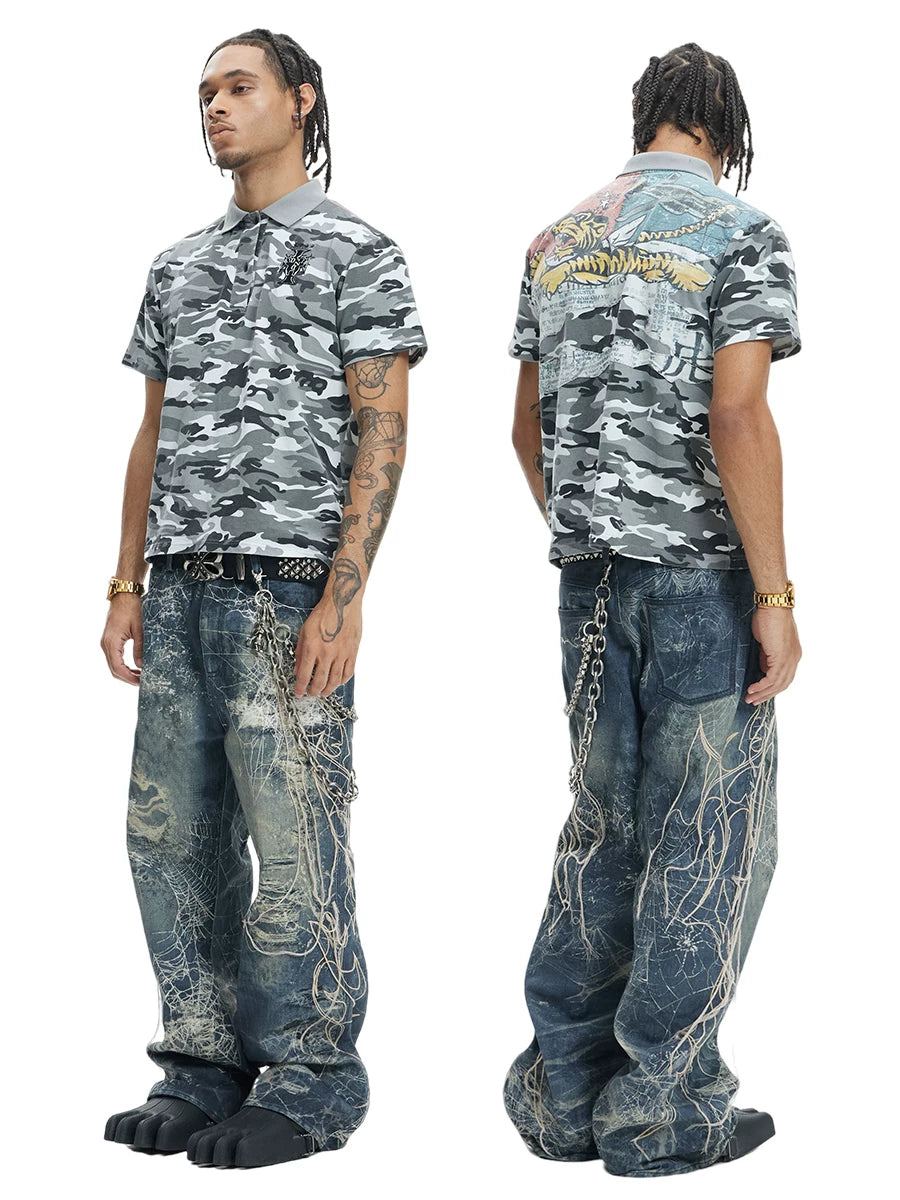 Ripped Spider Embroidered Straight Jeans