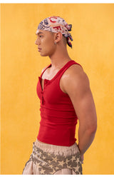 Red White Button Slit Sports Vest